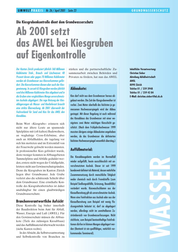 Zürcher Umweltpraxis 26: Ab 2001 setzt das AWEL bei Kiesgruben auf Eigenkontrolle