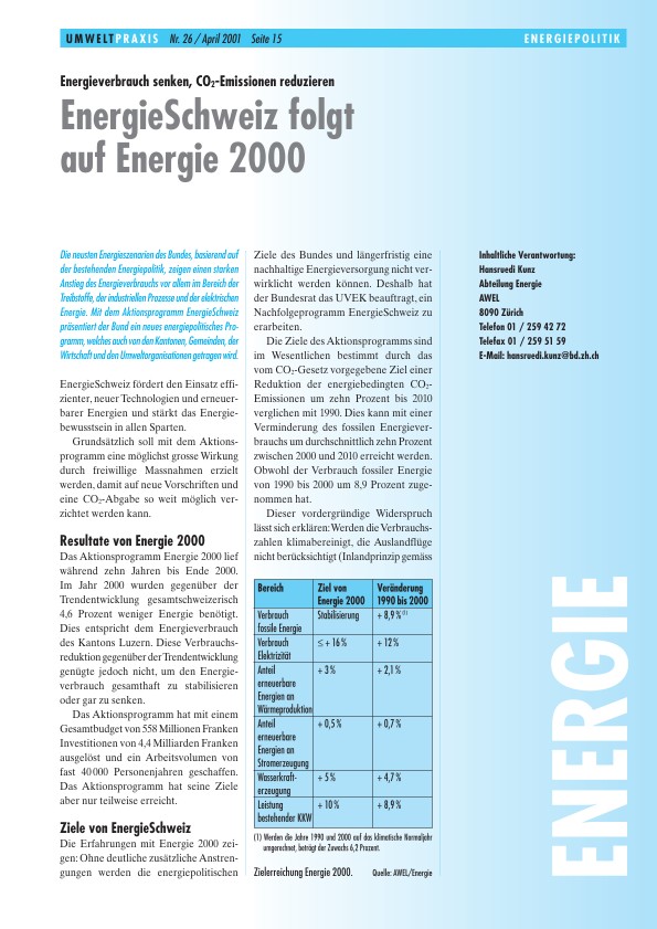 Energieverbrauch senken, CO2-Emissionen reduzieren: EnergieSchweiz folgt auf Energie 2000