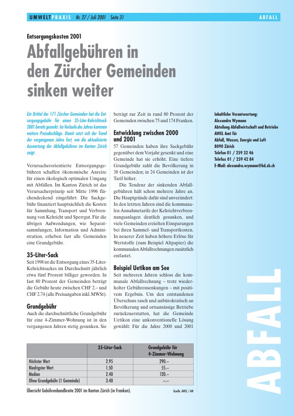 Zürcher Umweltpraxis 27: Entsorgungskosten 2001: Abfallgebühren in den Zürcher Gemeinden sinken weiter