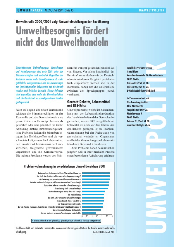 Umweltstudie 2000, 2001 zeigt Umwelteinstellungen der Bevölkerung: Umweltbesorgnis fördert nicht das Umwelthandeln