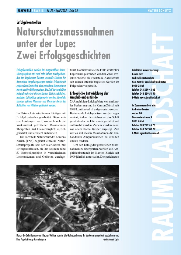 Zürcher Umweltpraxis 29: Erfolgskontrollen - Naturschutzmassnahmen unter der Lupe: Zwei Erfolgsgeschichten