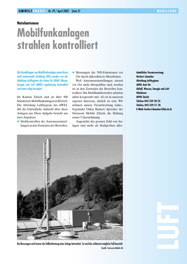 Zürcher Umweltpraxis 29: Natelantennen: Mobilfunkanlagen strahlen kontrolliert