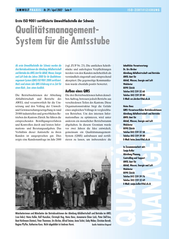 Erste ISO 9001-zertifizierte Umweltfachstelle der Schweiz: Qualitätsmanagement-System für die Amtsstube