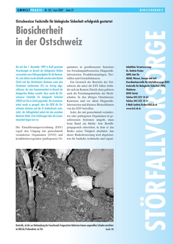 Zürcher Umweltpraxis 30: Biosicherheit in der Ostschweiz: Ostschweizer Fachstelle für biologische Sicherheit erfolgreich gestartet