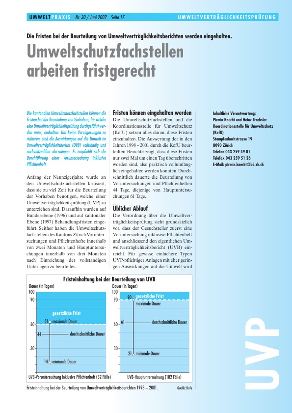 Zürcher Umweltpraxis 30: Umweltschutzfachstellen arbeiten fristgerecht: Die Fristen bei der Beurteilung von Umweltverträglichkeitsberichten werden eingehalten.