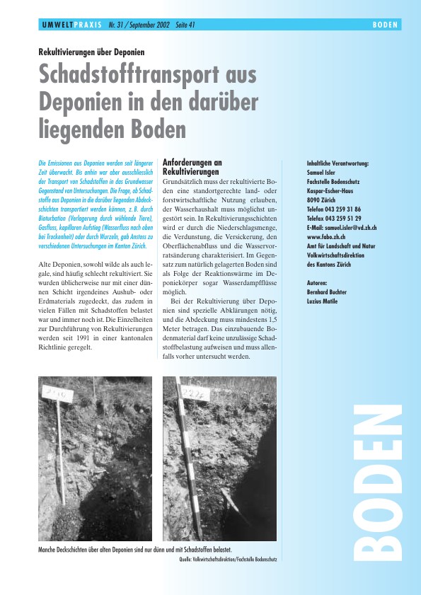 Rekultivierungen über Deponien: Schadstofftransport aus Deponien in den darüber liegenden Boden