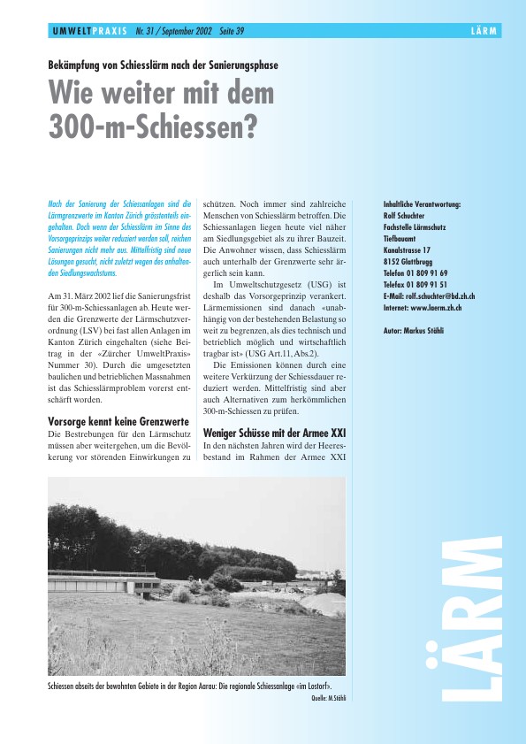 Zürcher Umweltpraxis 31: Bekämpfung von Schiesslärm nach der Sanierungsphase: Wie weiter mit dem 300-m-Schiessen?