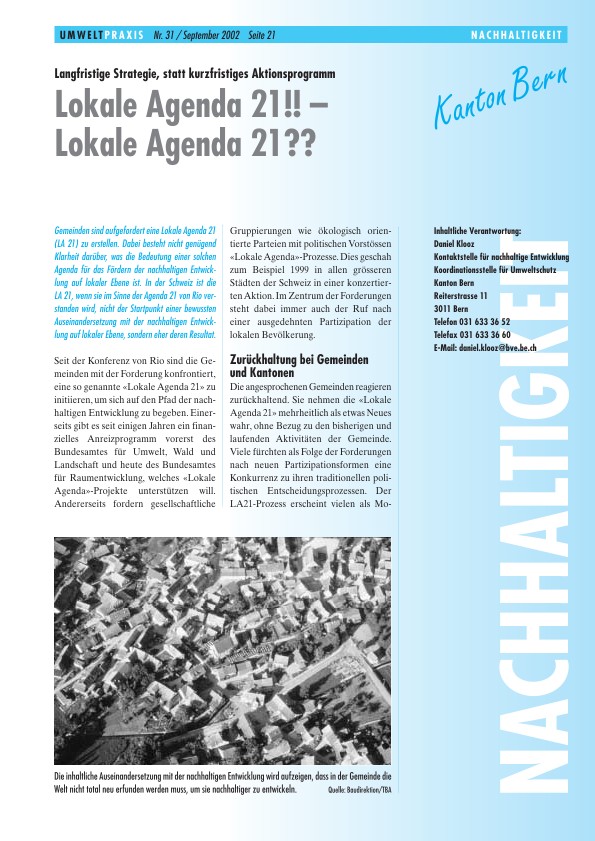 Zürcher Umweltpraxis 31: Langfristige Strategie, statt kurzfristiges Aktionsprogramm: Lokale Agenda 21!! - Lokale Agenda 21??