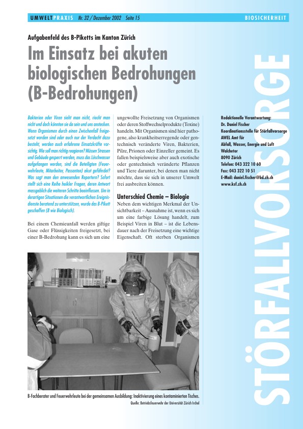 Zürcher Umweltpraxis 32: Aufgabenfeld des B-Piketts im Kanton Zürich: m Einsatz bei akuten biologischen Bedrohungen (B-Bedrohungen)
