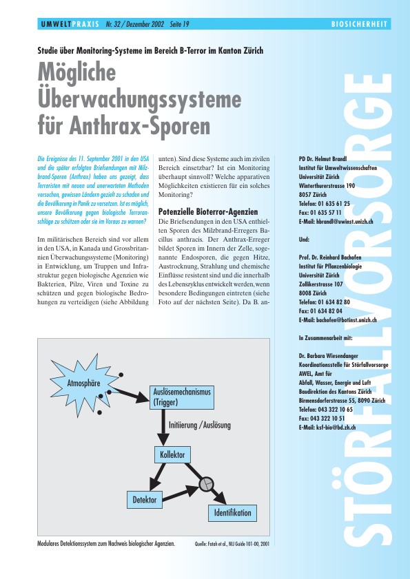 Mögliche Überwachungssysteme für Anthrax-Sporen: Studie über Monitoring-Systeme im Bereich B-Terror im Kanton Zürich
