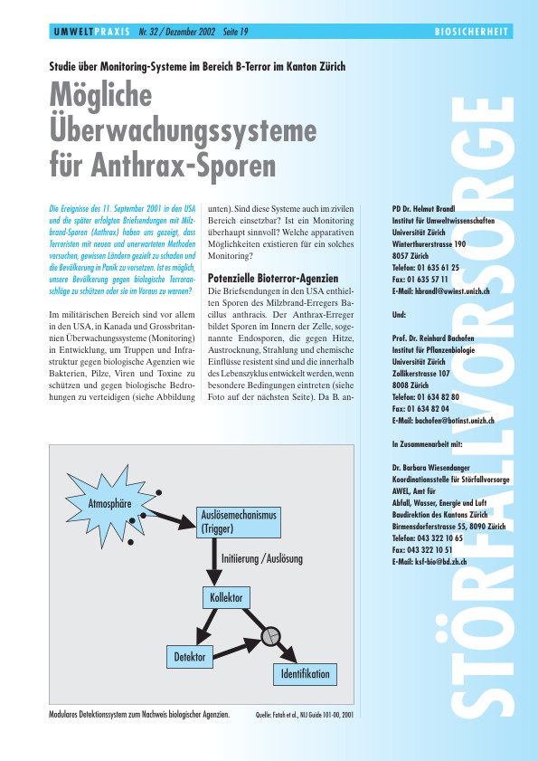 Zürcher Umweltpraxis 32: Mögliche Überwachungssysteme für Anthrax-Sporen: Studie über Monitoring-Systeme im Bereich B-Terror im Kanton Zürich