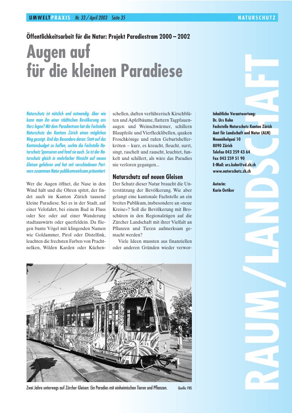 Öffentlichkeitsarbeit für die Natur: Projekt Paradiestram 2000-2002 - Öffentlichkeitsarbeit für die Natur: Projekt Paradiestram 2000-2002