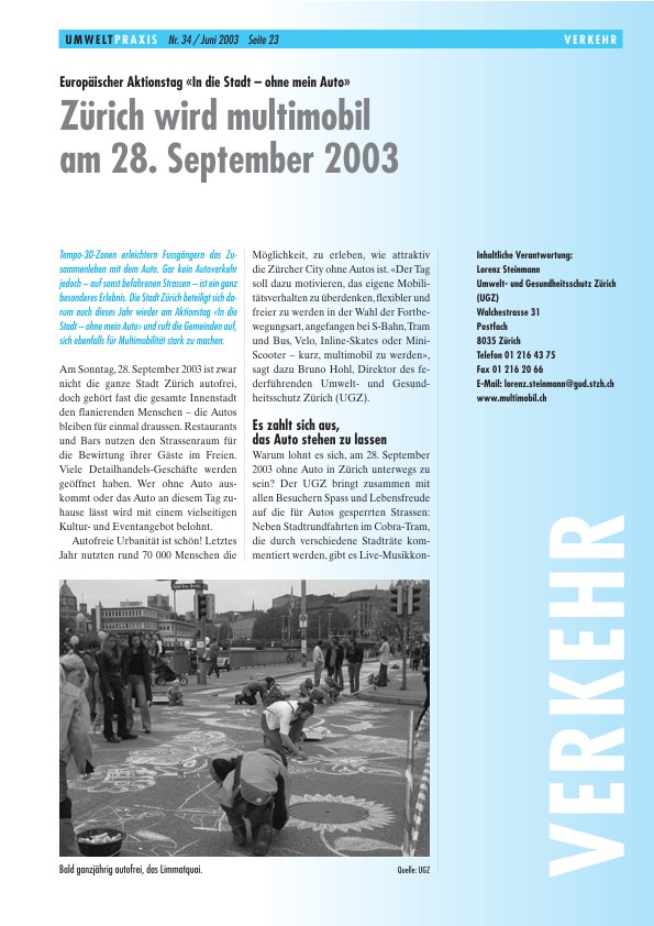Europäischer Aktionstag «In die Stadt – ohne mein Auto»: Zürich wird Multimobil am 28. September 2003