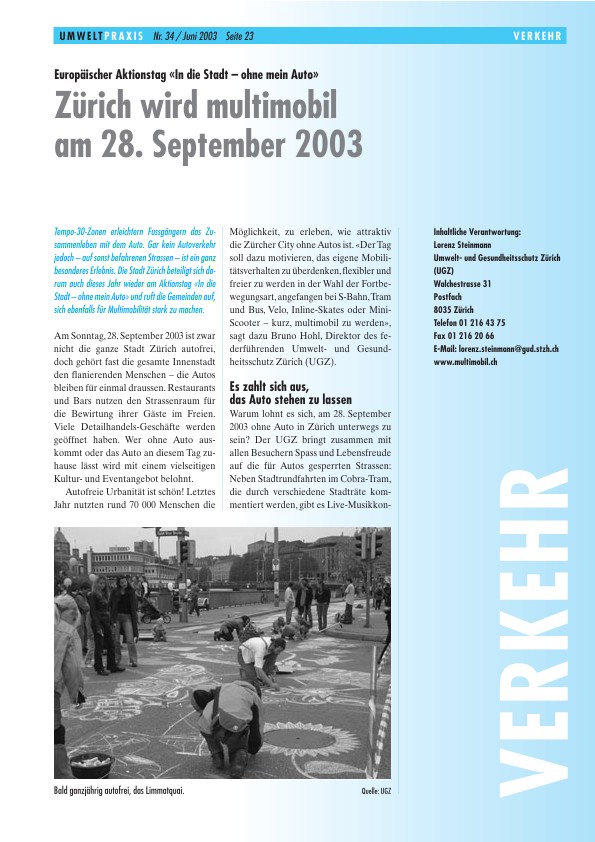 Zürcher Umweltpraxis 34: Europäischer Aktionstag «In die Stadt – ohne mein Auto»: Zürich wird Multimobil am 28. September 2003