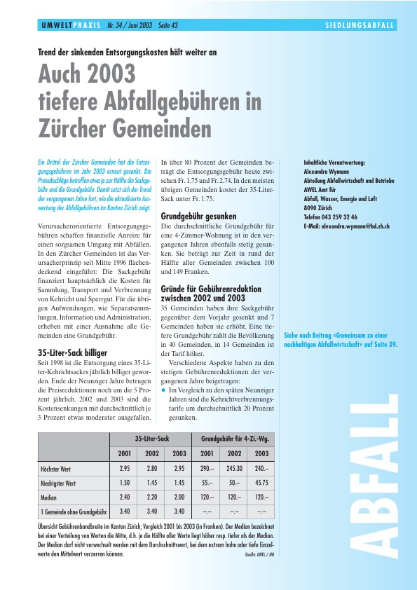Auch 2003 tiefere Abfallgebühren in Zürcher Gemeinden: Trend der sinkenden Entsorgungskosten hält weiter an