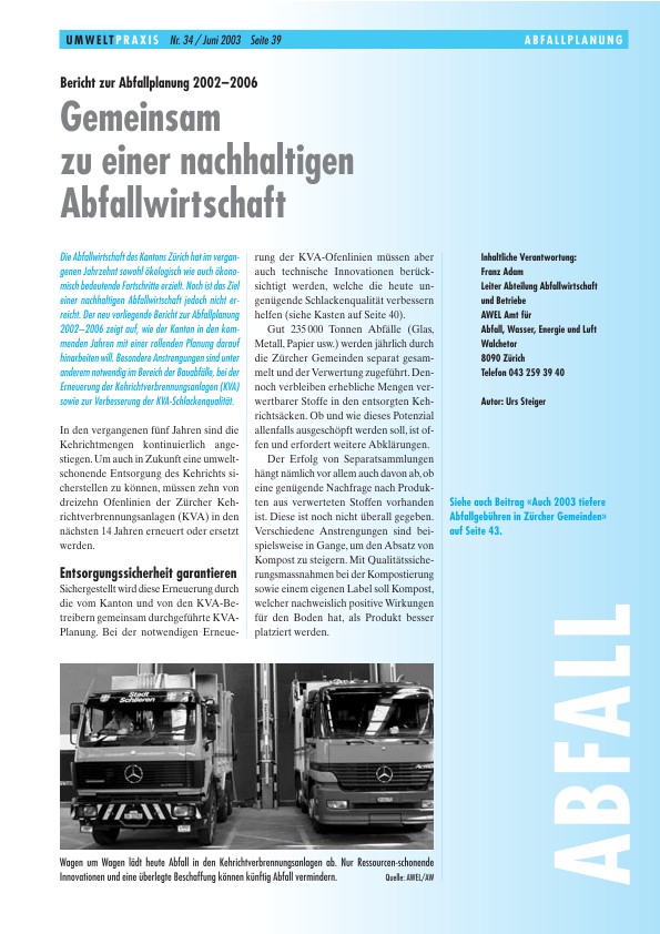 Bericht zur Abfallplanung 2002-2006: Gemeinsam zu einer nachhaltigen Abfallwirtschaft