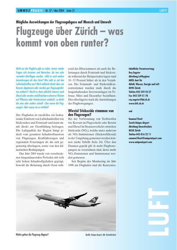 Mögliche Auswirkungen der Flugzeugabgase auf Mensch und Umwelt: Flugzeuge über Zürich – was kommt von oben runter?