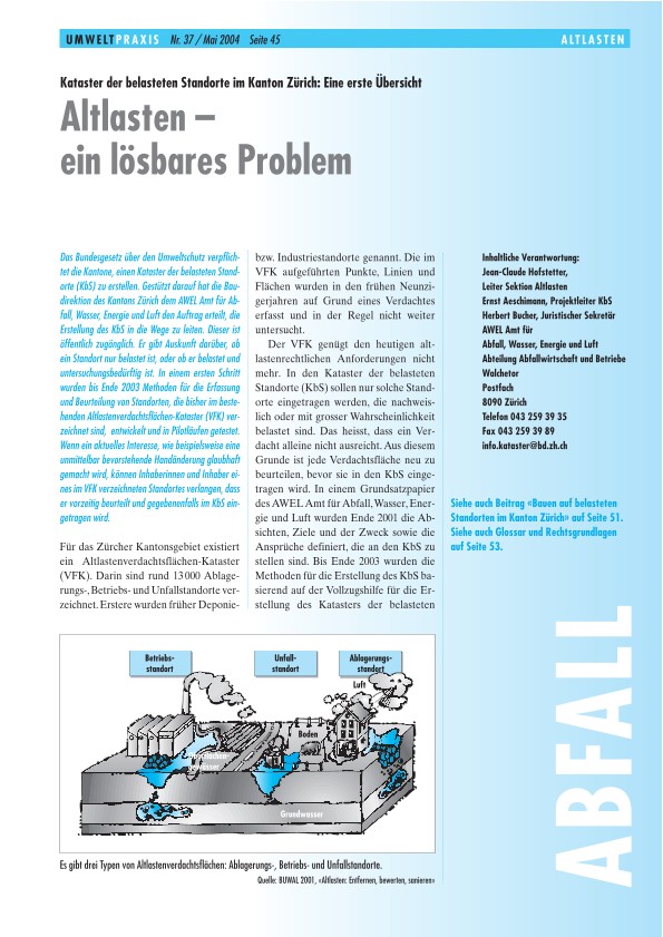 Zürcher Umweltpraxis 37: Altlasten – ein lösbares Problem: Kataster der belasteten Standorte im Kanton Zürich, eine erste Übersicht