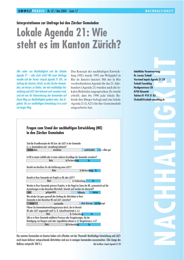 Zürcher Umweltpraxis 37: Lokale Agenda 21: Wie steht es im Kanton Zürich? Interpretationen zur Umfrage bei den Zürcher Gemeinden