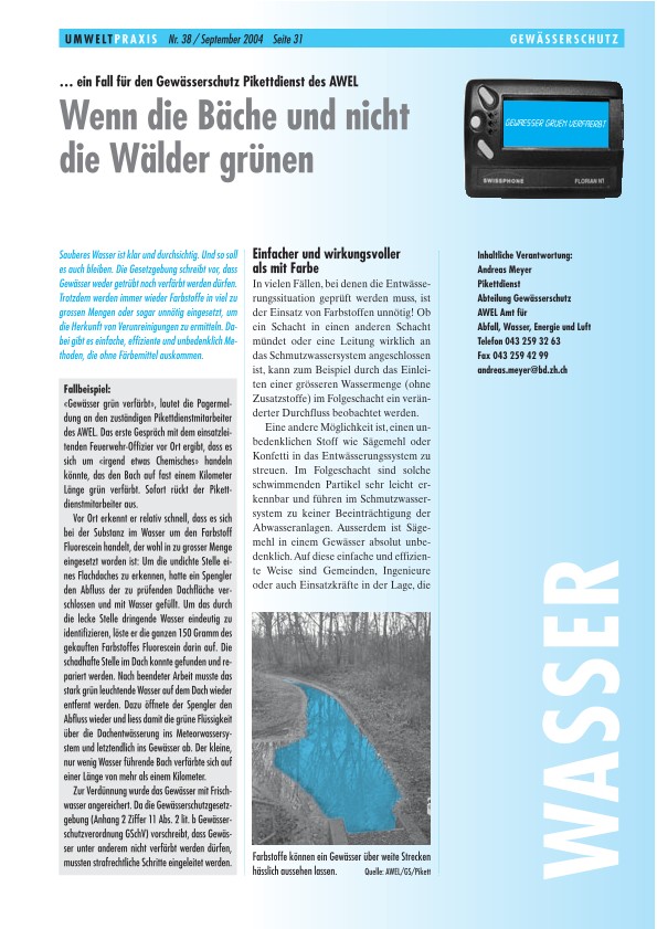 Zürcher Umweltpraxis 38: … ein Fall für den Gewässerschutz Pikettdienst des AWEL: Wenn die Bäche und nicht die Wälder grünen