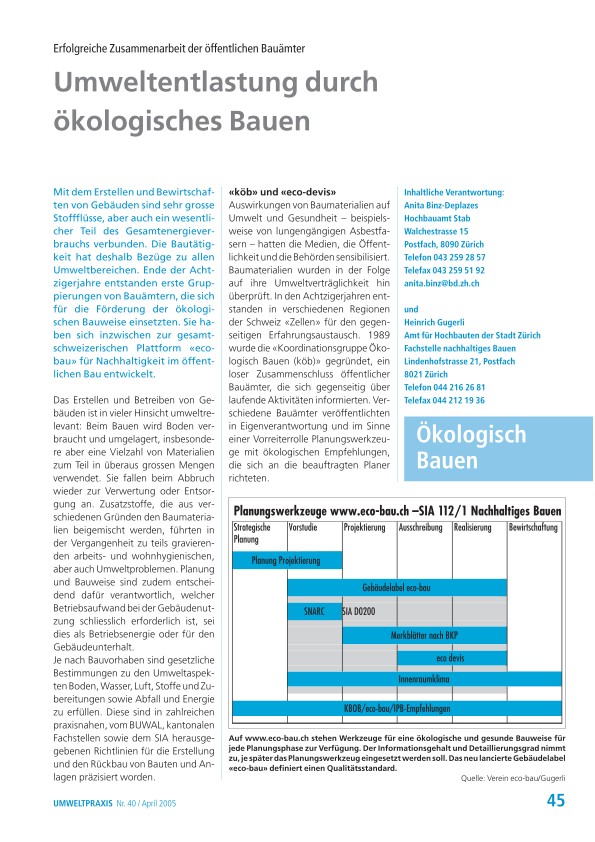 Zürcher Umweltpraxis 40: Umweltentlastung durch ökologisches Bauen: Erfolgreiche Zusammenarbeit der öffentlichen Bauämter
