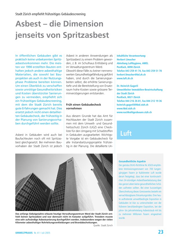 Zürcher Umweltpraxis 41: Asbest – die Dimension jenseits von Spritzasbest: Stadt Zürich empfiehlt frühzeitiges Gebäudescreening