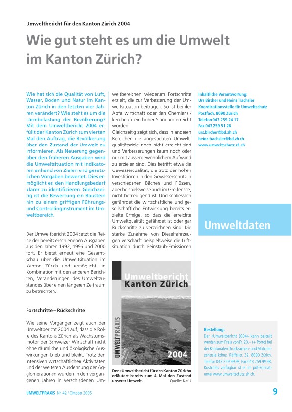 Umweltbericht für den Kanton Zürich 2004: Wie gut steht es um die Umwelt im Kanton Zürich?