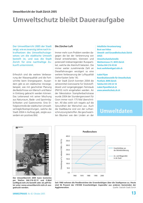 Umweltbericht der Stadt Zürich 2005: Umweltschutz bleibt Daueraufgabe