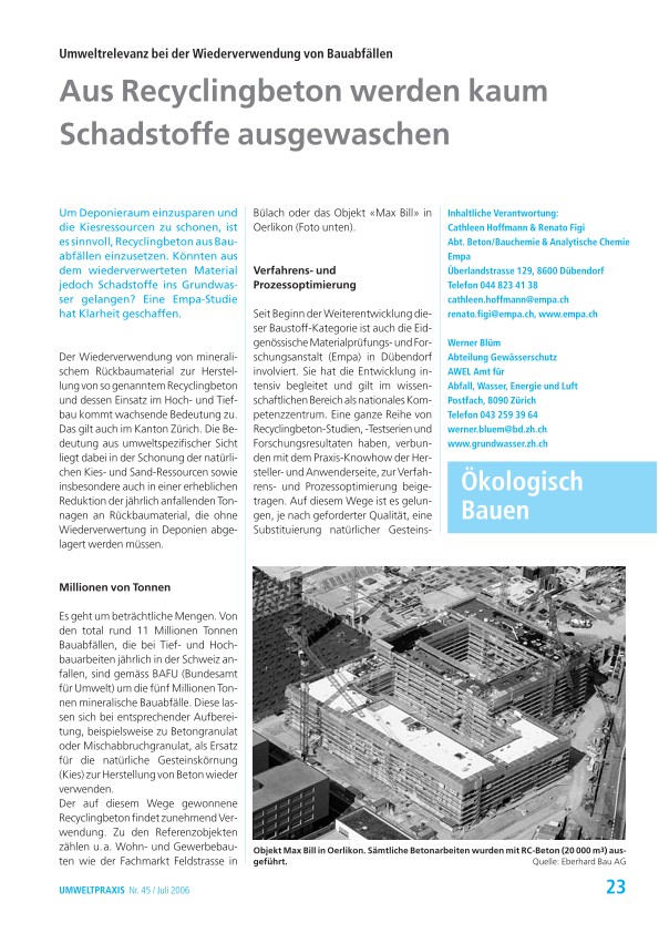 Zürcher Umweltpraxis 45: Umweltrelevanz bei der Wiederverwendung von Bauabfällen: Aus Recyclingbeton werden kaum Schadstoffe ausgewaschen