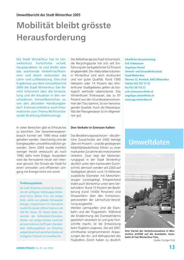 Umweltbericht der Stadt Winterthur 2005: Mobilität bleibt grösste Herausforderung