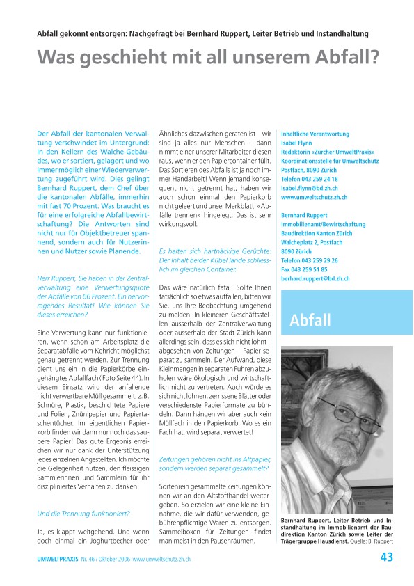Zürcher Umweltpraxis 46: Was geschieht mit all unserem Abfall? Abfall gekonnt entsorgen: Nachgefragt bei Bernhard Ruppert, Leiter Betrieb und Instandhaltung