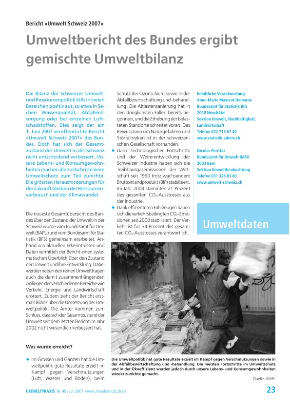Bericht «Umwelt Schweiz 2007»: Umweltbericht des Bundes ergibt gemischte Umweltbilanz