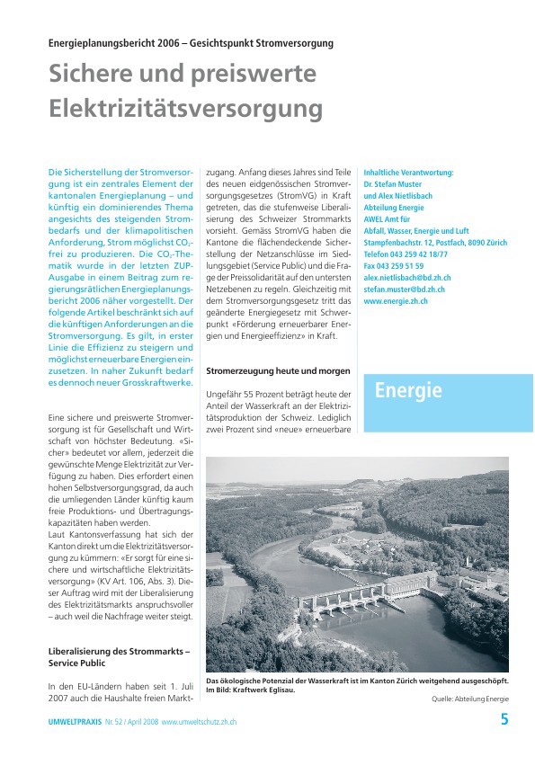 Energieplanungsbericht 2006 – Gesichtspunkt Stromversorgung: Sichere und preiswerte Elektrizitätsversorgung