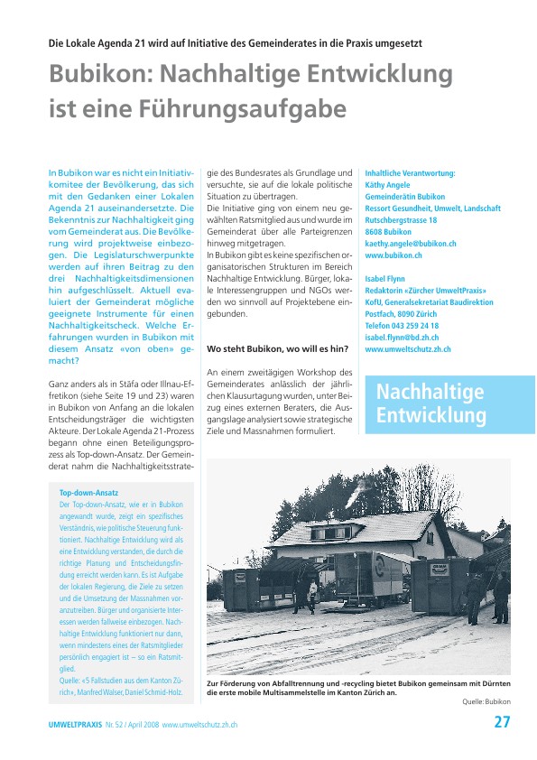 Zürcher Umweltpraxis 52: Bubikon: Nachhaltige Entwicklung ist eine Führungsaufgabe - Die Lokale Agenda 21 wird auf Initiative des Gemeinderates in die Praxis umgesetzt