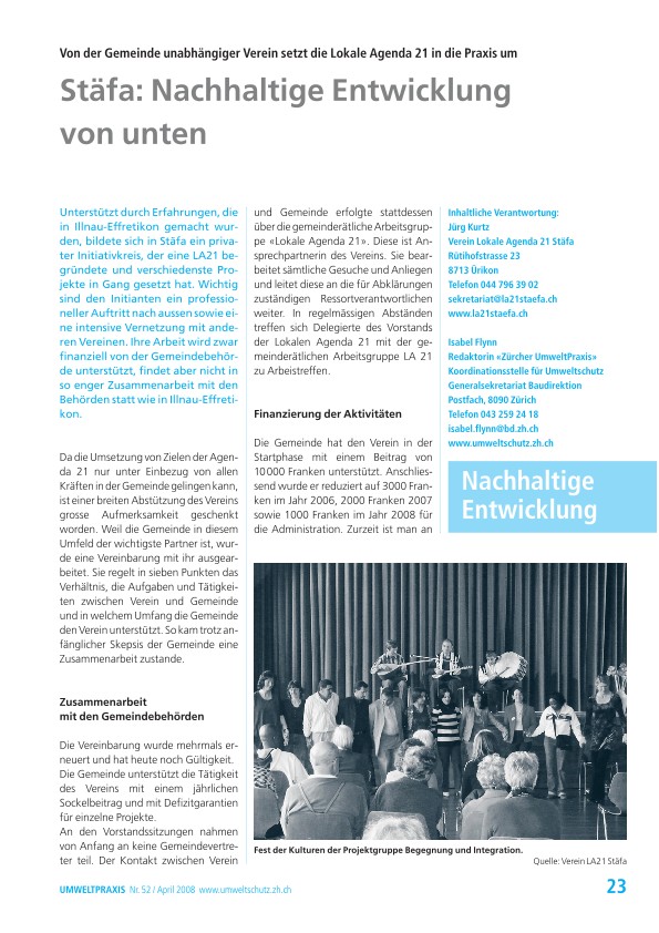 Zürcher Umweltpraxis 52: Stäfa: Nachhaltige Entwicklung von unten - Von der Gemeinde unabhängiger Verein setzt die Lokale Agenda 21 in die Praxis um