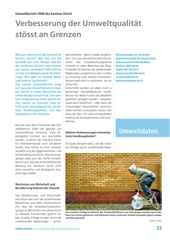 Umweltbericht 2008 des Kantons Zürich: Verbesserung der Umweltqualität  stösst an Grenzen