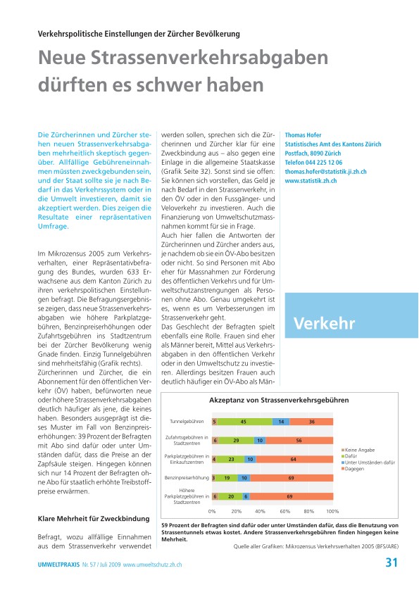 Verkehrspolitische Einstellungen der Zürcher Bevölkerung: Neue Strassenverkehrsabgaben dürften es schwer haben