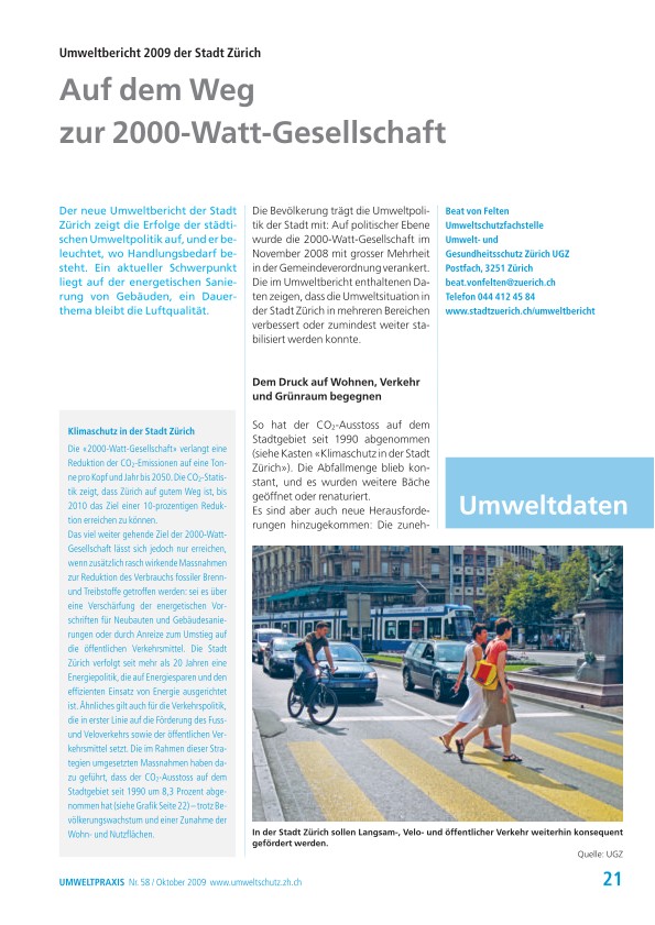 Umweltbericht 2009 der Stadt Zürich: Auf dem Weg zur 2000-Watt-Gesellschaft