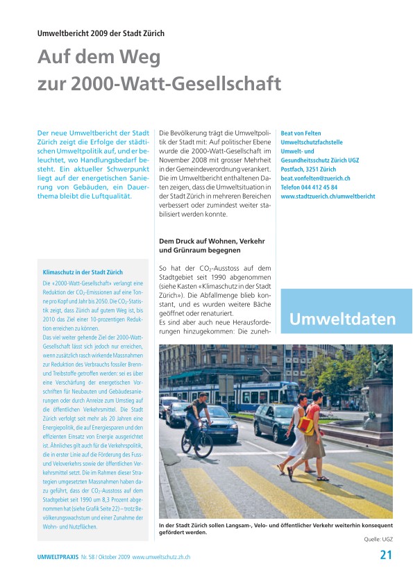 Zürcher Umweltpraxis 58: Umweltbericht 2009 der Stadt Zürich: Auf dem Weg zur 2000-Watt-Gesellschaft