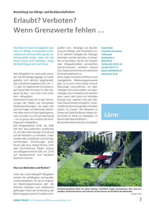 Zürcher Umweltpraxis 59: Beurteilung von Alltags- und Nachbarschaftslärm: Erlaubt? Verboten? Wenn Grenzwerte fehlen …