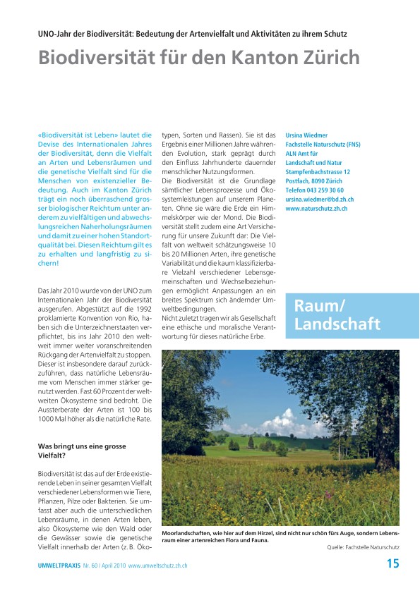 Biodiversität für den Kanton Zürich: UNO-Jahr der Biodiversität: Bedeutung der Artenvielfalt und Aktivitäten zu ihrem Schutz
