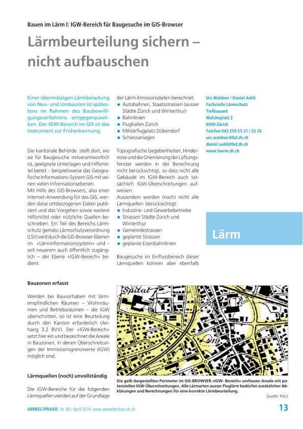 Zürcher Umweltpraxis 60: Bauen im Lärm I: IGW-Bereich für Baugesuche im GIS-Browser: Lärmbeurteilung sichern – nicht aufbauschen