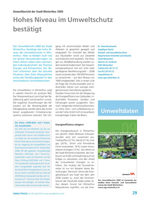 Umweltbericht der Stadt Winterthur 2009
: Hohes Niveau im Umweltschutz bestätigt