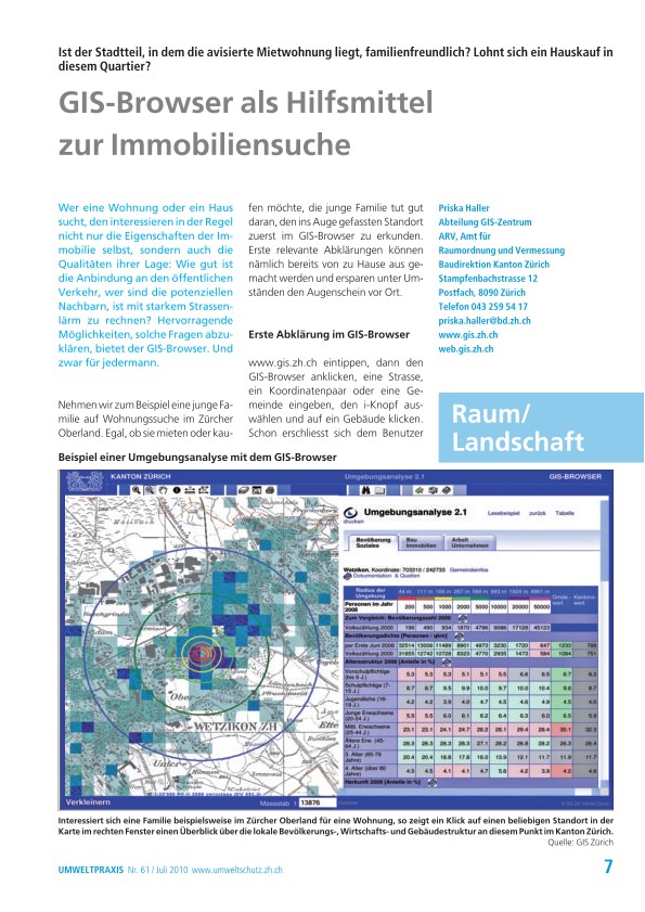 Zürcher Umweltpraxis 61: GIS-Browser als Hilfsmittel zur Immobiliensuche: Ist der Stadtteil, in dem die avisierte Mietwohnung liegt, familienfreundlich? Lohnt sich ein Hauskauf in diesem Quartier?