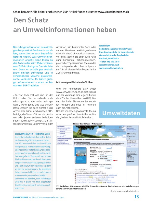Den Schatz an Umweltinformationen heben: Schon benutzt? Alle bisher erschienenen ZUP-Artikel finden Sie unter www.umweltschutz.zh.ch
