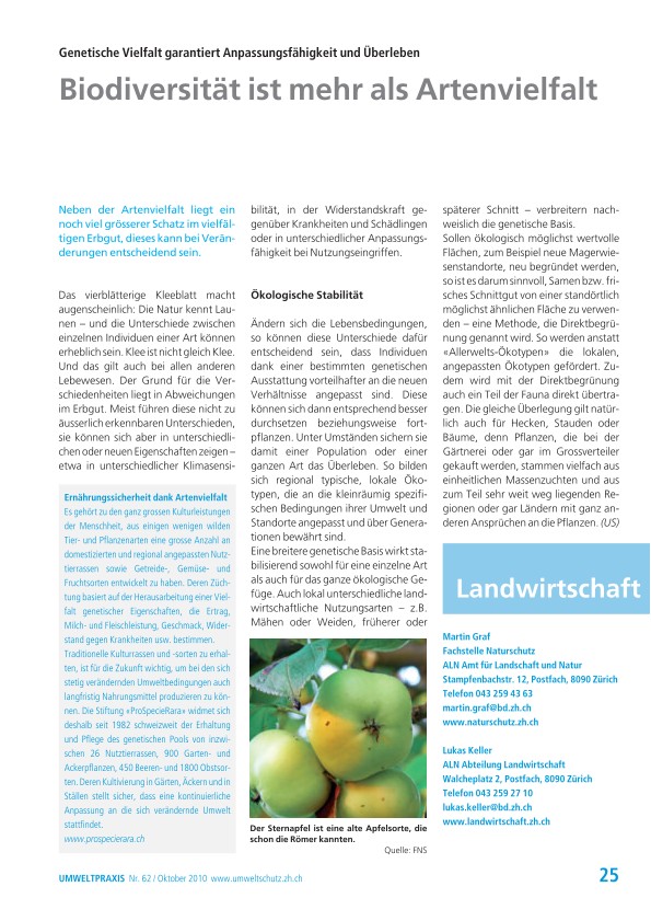 Zürcher Umweltpraxis 62: Biodiversität ist mehr als Artenvielfalt: Genetische Vielfalt garantiert Anpassungsfähigkeit und Überleben