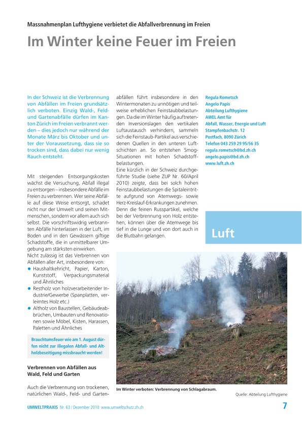 Zürcher Umweltpraxis 63: Im Winter keine Feuer im Freien: Massnahmenplan Lufthygiene verbietet die Abfallverbrennung im Freien