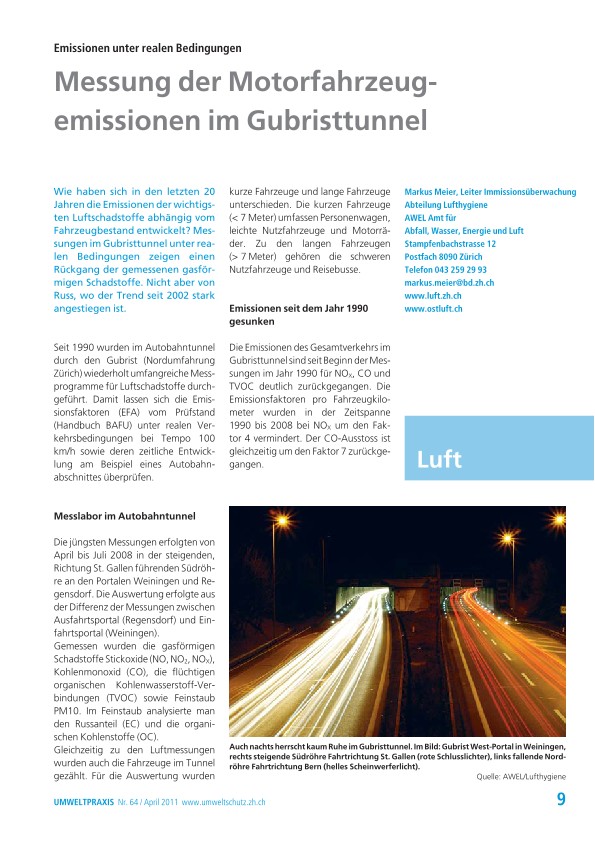 Emissionen unter realen Bedingungen: Messung der Motorfahrzeugemissionen im Gubristtunnel