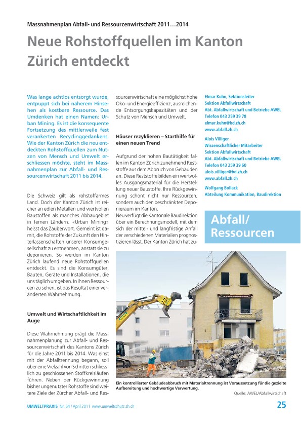 Massnahmenplan Abfall- und Ressourcenwirtschaft 2011…2014: Neue Rohstoffquellen im Kanton Zürich entdeckt