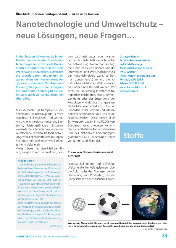 Zürcher Umweltpraxis 65: Überblick über den heutigen Stand, Risiken und Chancen: Nanotechnologie und Umweltschutz – neue Lösungen, neue Fragen…